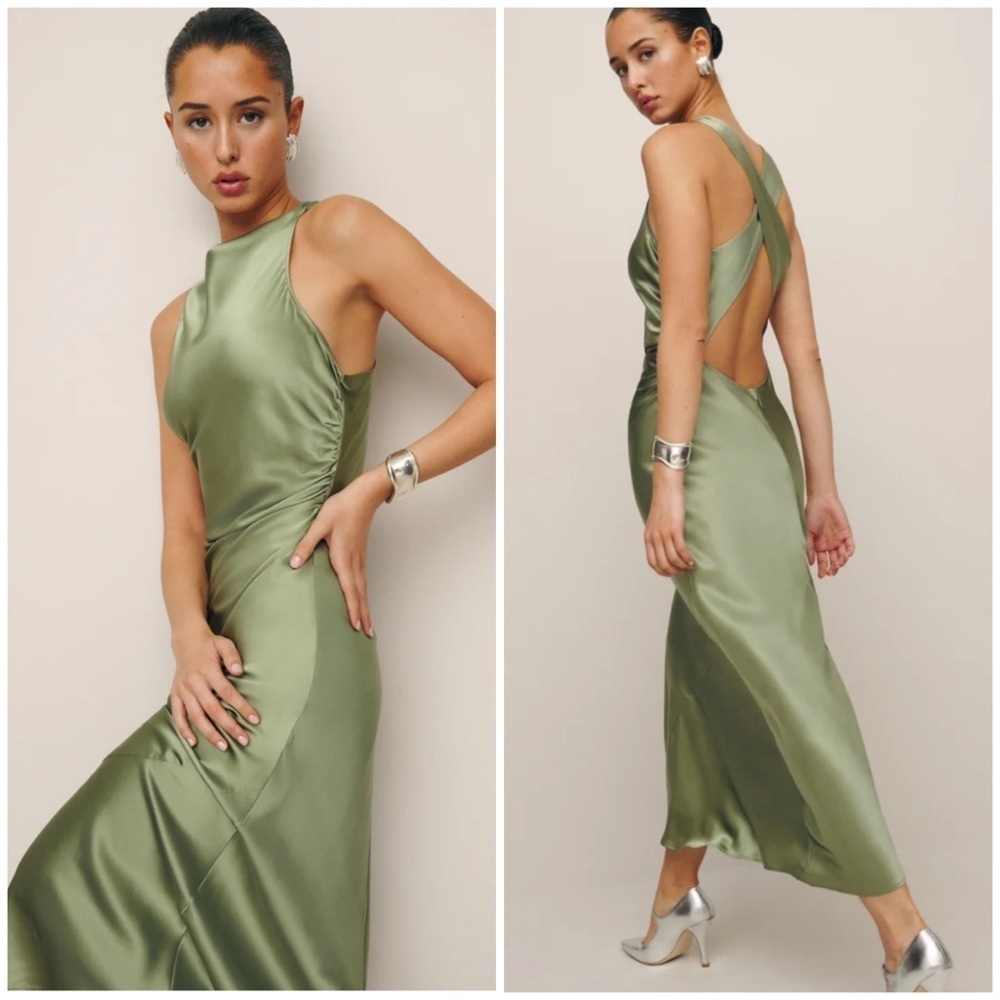 NWT REFORMATION Casette Silk Midi Dress in Artichoke SZ US 12 - Picture 2 of 8